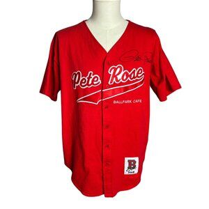 Vintage 90s Pete Rose Jersey Signed L Red Ballpark Cafe Buttons Short Sleeves
